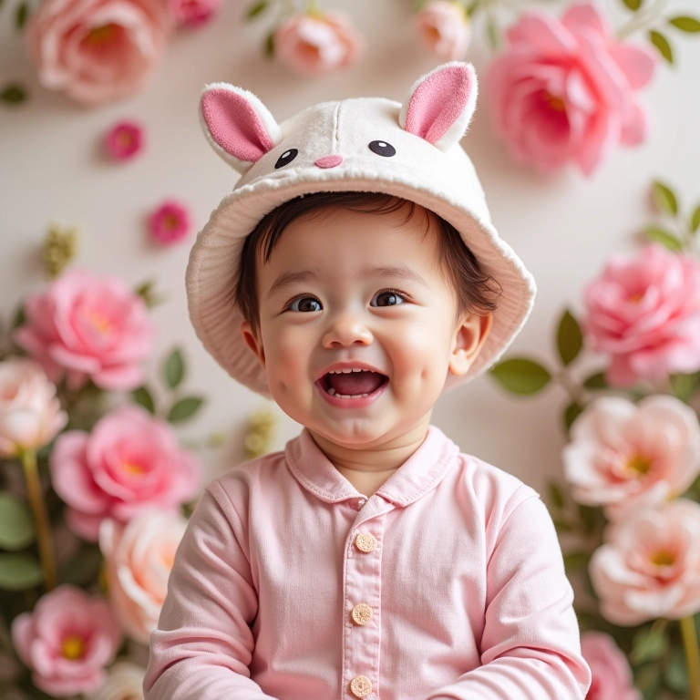 Painel de fotos especial para chá de bebê com adereços fofos e parede de flores.