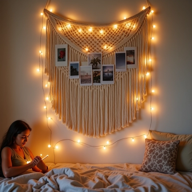 Painel de macramê com fotos polaroid e luzes, decorando um quarto adolescente.