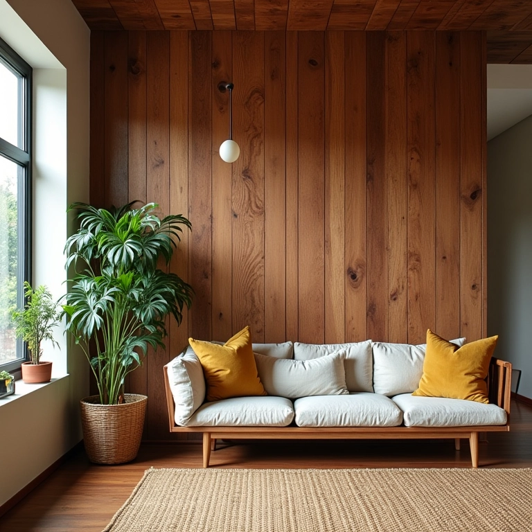Painel de madeira rústica em sala de estar brasileira vibrante e eclética.