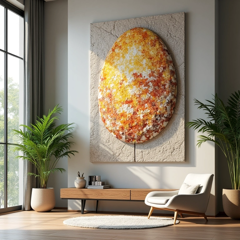 Painel decorativo na sala de estar com mosaico de casca de ovo e elementos de design brasileiro.