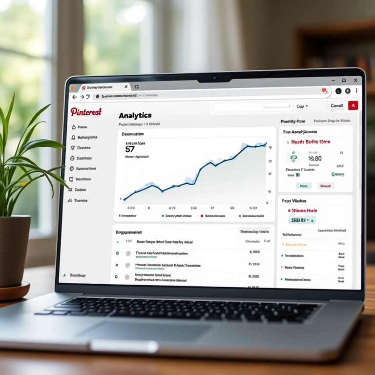 Painel do Pinterest Analytics mostrando crescimento e engajamento, monitorando resultados.
