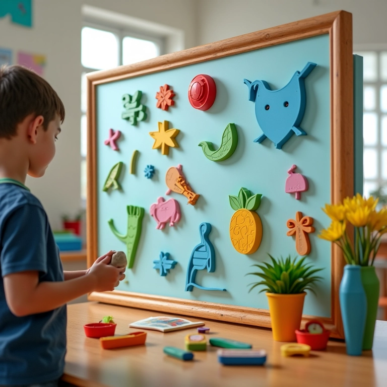 Painel interativo de aprendizado em EVA, com elementos móveis e cores vibrantes.