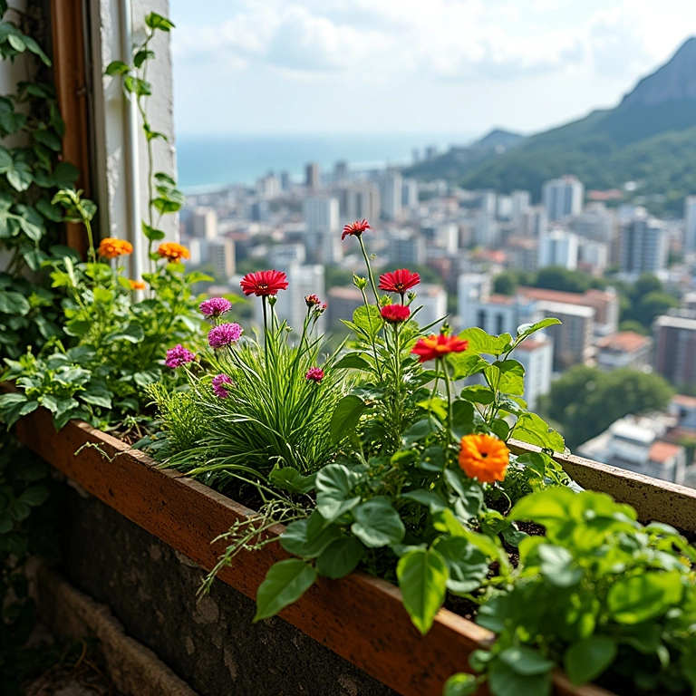 Painel vertical de pallets com jardim em varanda com vista para o Rio.