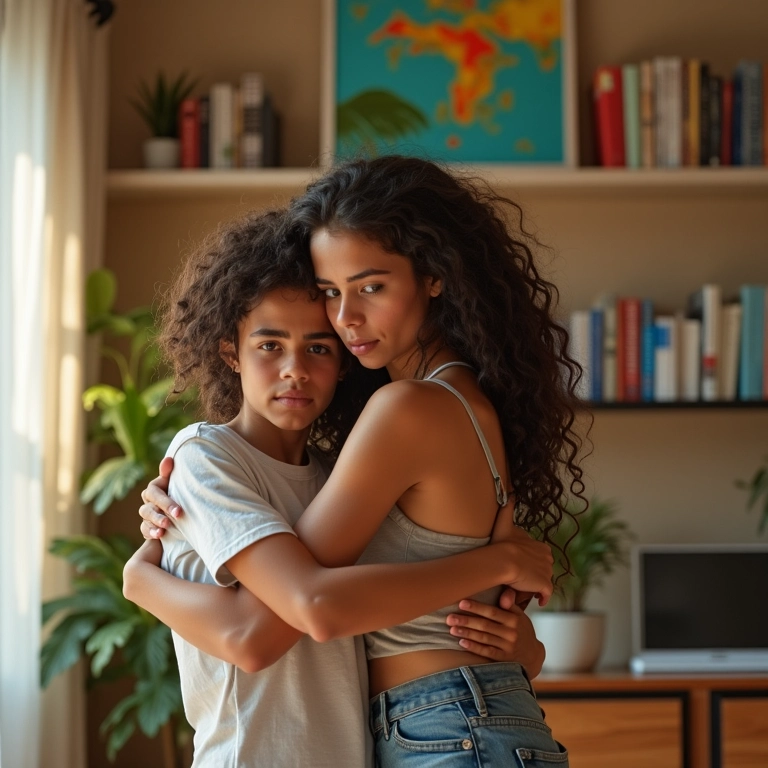 Pais preocupados se abraçam em casa brasileira ensolarada, transmitindo cuidado e proteção contra o bullying.