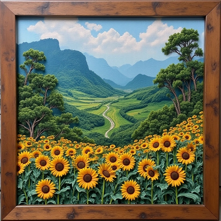 Paisagem brasileira vibrante bordada em tecido de algodão.