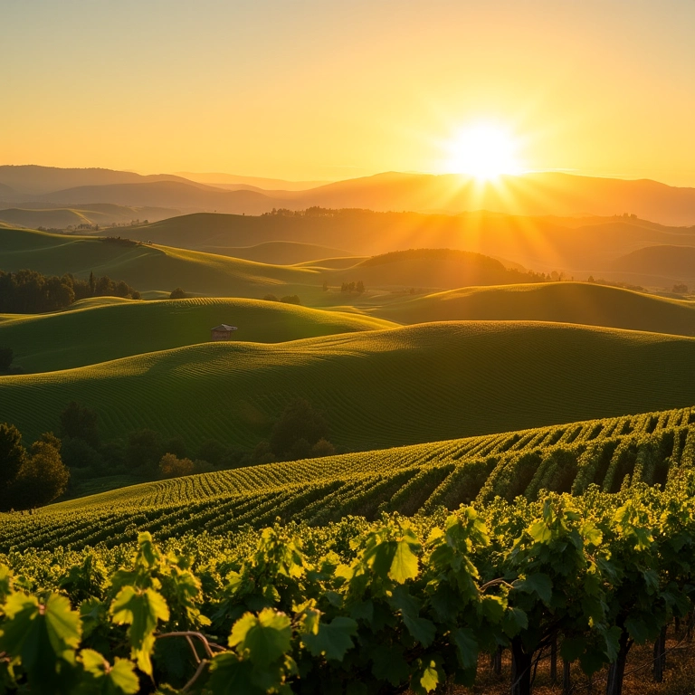 Paisagem deslumbrante da Toscana ao entardecer com colinas verdes e vinhedos.