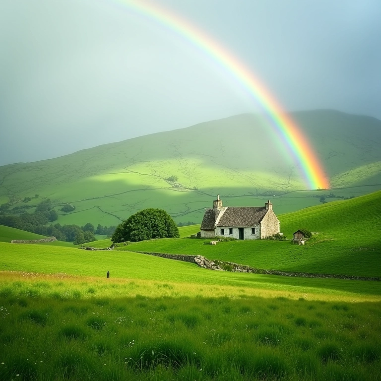 Paisagem irlandesa exuberante com colinas, casa pitoresca e arco-íris, capturando a magia da Irlanda.
