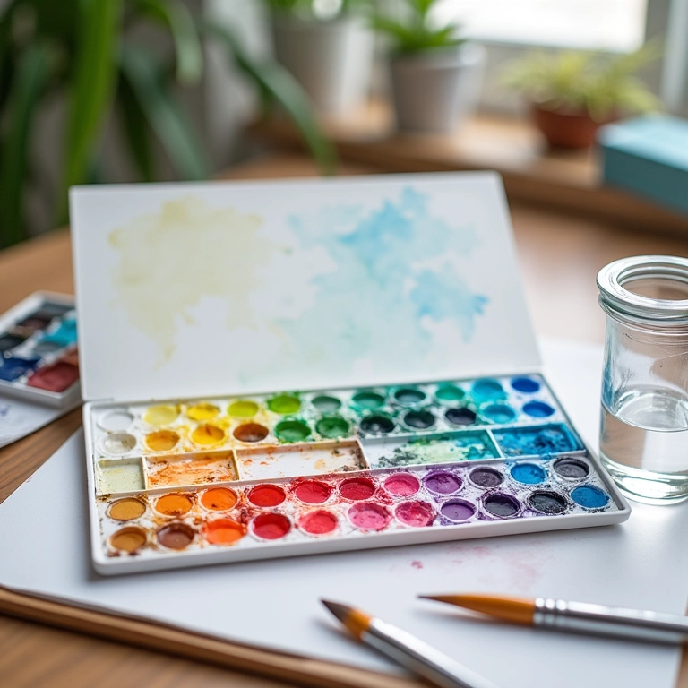 Paleta de aquarela com cores vibrantes e pincéis.