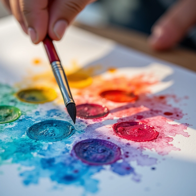 Paleta de aquarela com cores vibrantes e pincéis.