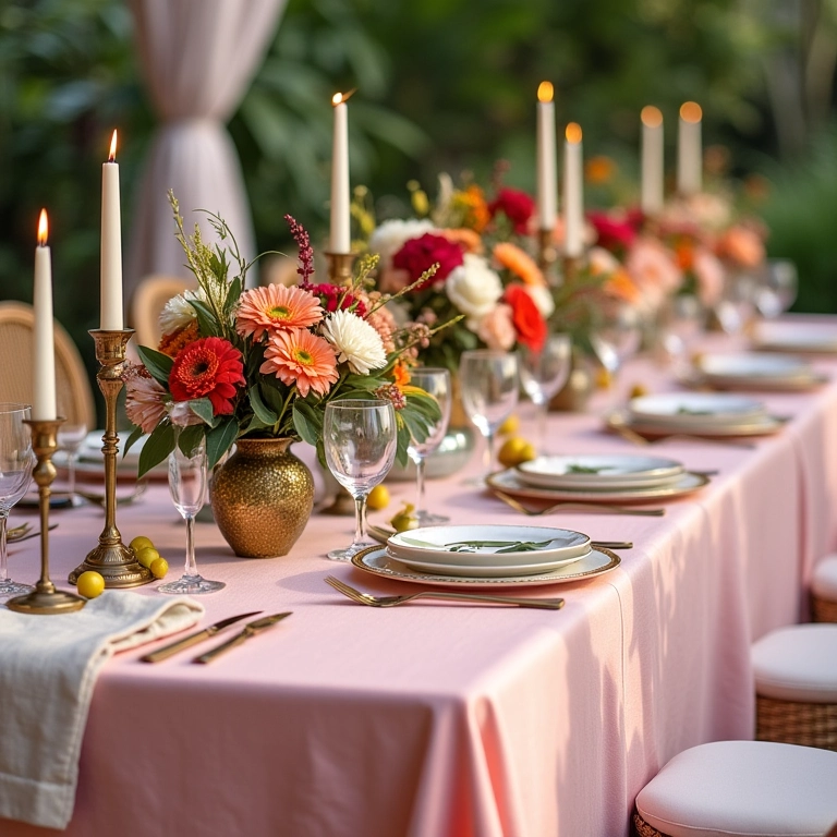 Paleta de cores delicada em mesa de casamento: rosa blush e detalhes dourados.