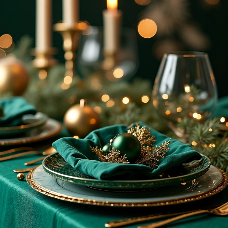 Paleta de cores elegante para o Natal: dourado e verde esmeralda em uma mesa sofisticada.