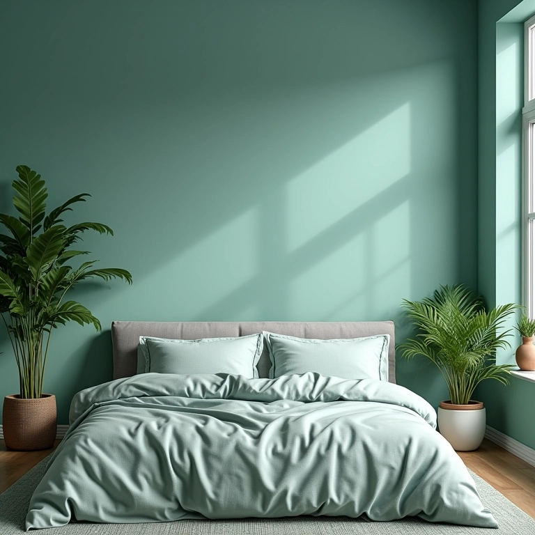 Paleta de cores equilibrada com tons de azul, verde e neutros para um quarto relaxante.