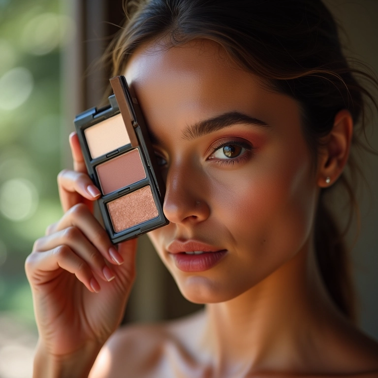 Paleta de sombras versátil sendo segurada perto do olho de uma mulher.