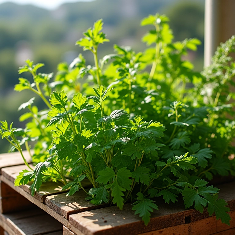 Palete vertical com diversos temperos culinários, como salsinha, orégano e alecrim em uma varanda brasileira.