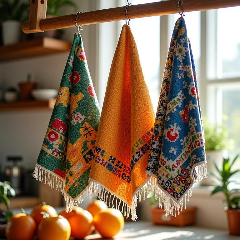 Panos de prato coloridos com estampas brasileiras.