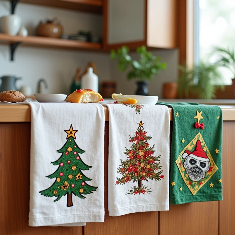 Panos de prato temáticos com estampas natalinas vibrantes e motivos brasileiros.