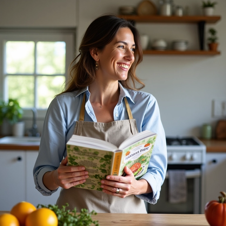 Paola Carosella em uma cozinha acolhedora, segurando o livro 'Cozinha de Estar'.