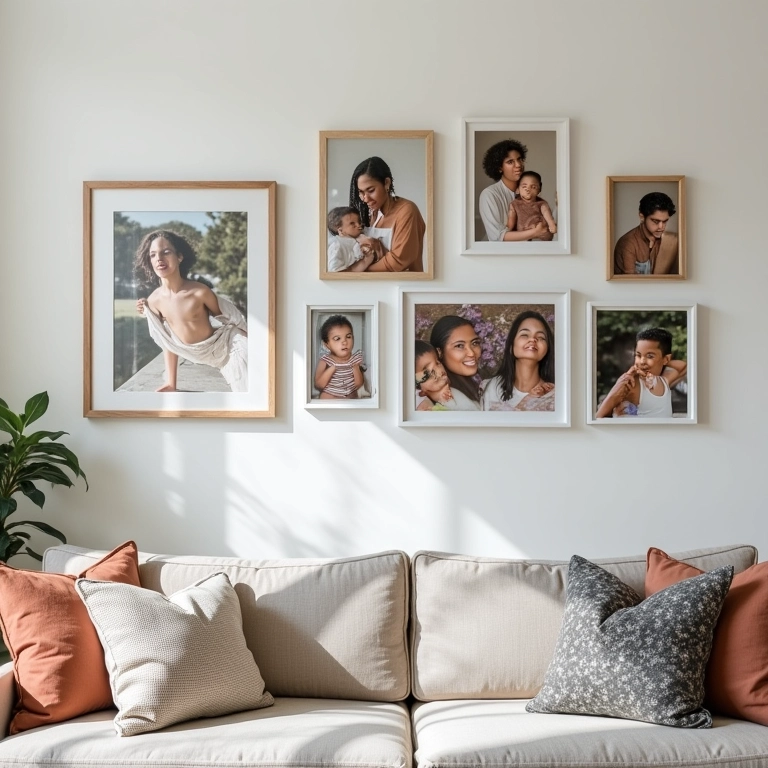 Parede com quadros e fotos DIY na sala de estar.