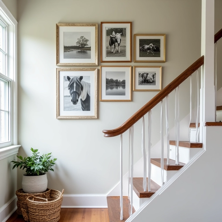 Parede da escada decorada com quadros e fotos, criando uma galeria charmosa.