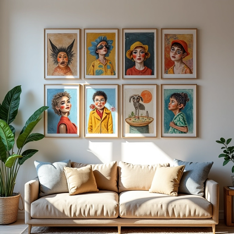 Parede de galeria na sala de estar com quadros diversos e decoração brasileira vibrante.