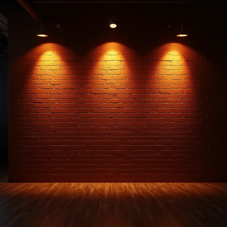 Parede de tijolinho aparente iluminada estrategicamente, criando um ambiente acolhedor.