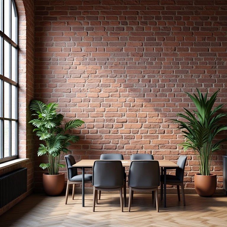 Parede de tijolos aparentes em um loft moderno com iluminação natural.