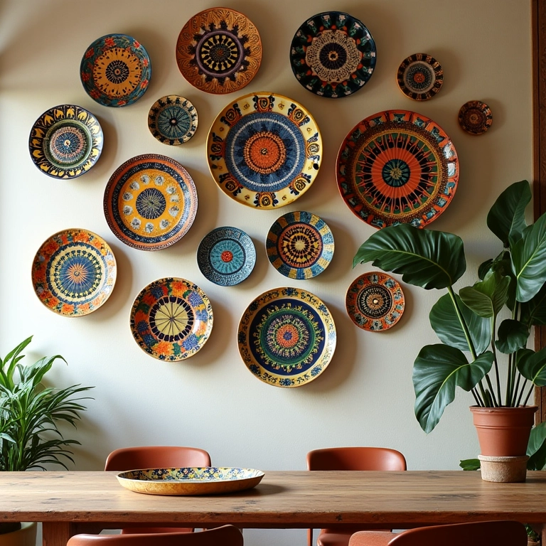 Parede decorada com diversos pratos coloridos em estilo Farm Rio.
