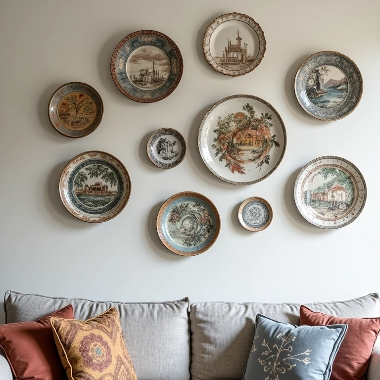 Parede decorada com pratos de diferentes estilos.