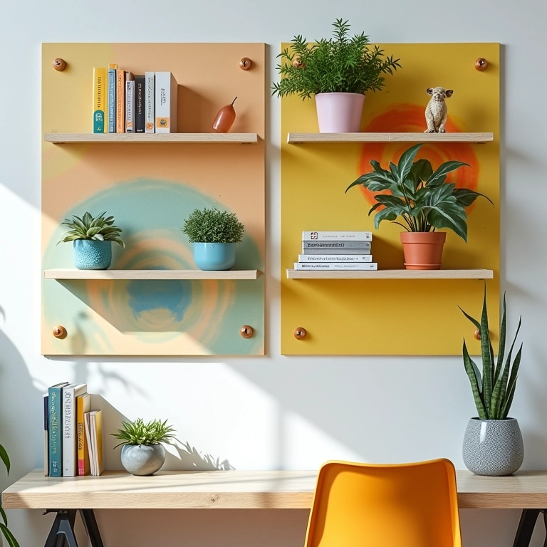 Parede organizada com painel de eucatex perfurado exibindo plantas, livros e objetos decorativos coloridos.