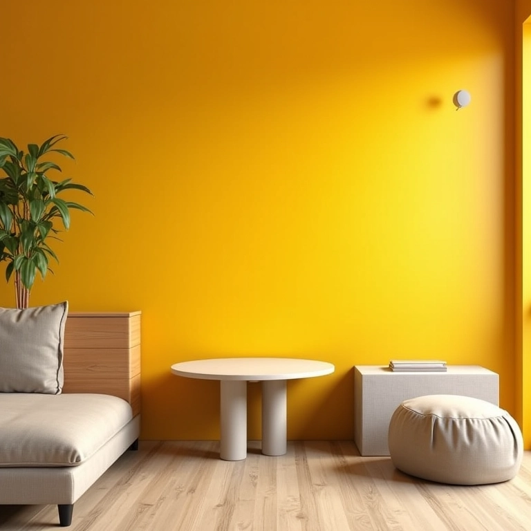 Parede pintada de amarelo mostarda com textura sutil em um apartamento brasileiro.