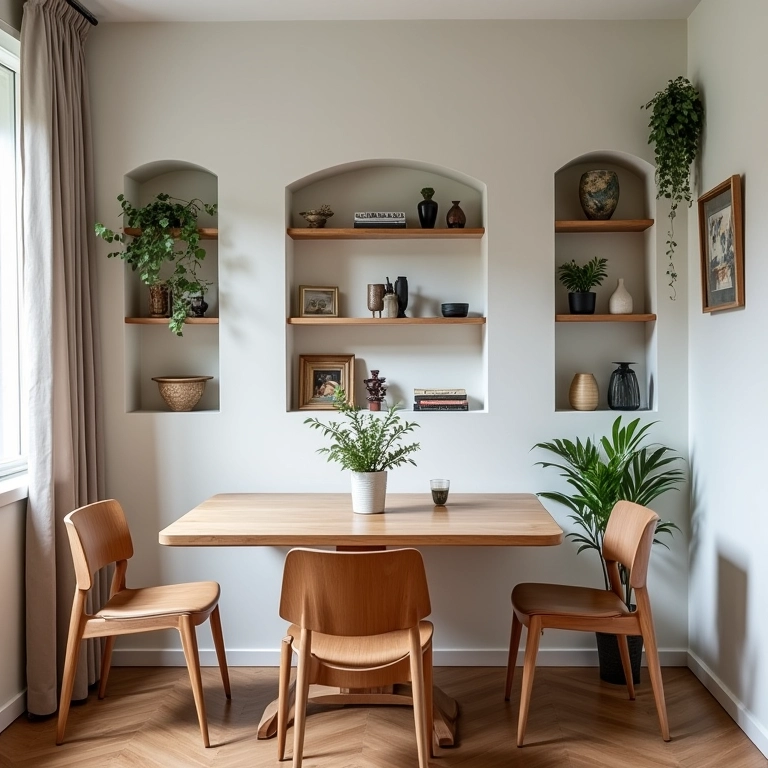 Paredes aproveitadas com nichos e prateleiras em sala de jantar.