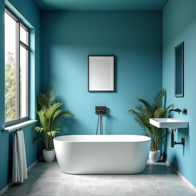 Paredes azuis em banheiro com decoração brasileira.