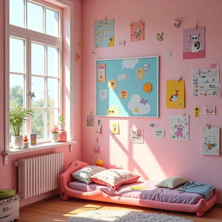 Paredes decoradas com adesivos e quadros em quarto Tumblr.