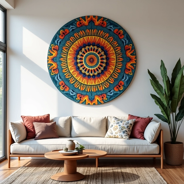 Paredes decoradas com mandalas de CD, estilo Farm Rio.