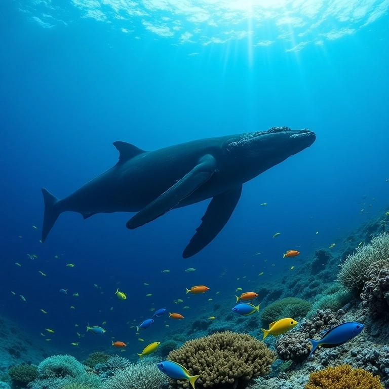 Parque Nacional Marinho de Abrolhos, Bahia, com baleia e peixes.