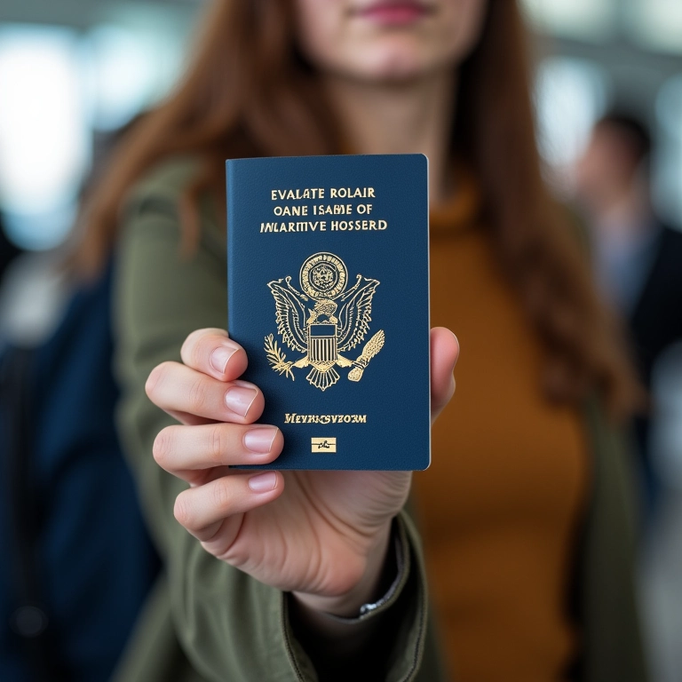 Passaporte aberto com vistos sendo apresentado na segurança do aeroporto.