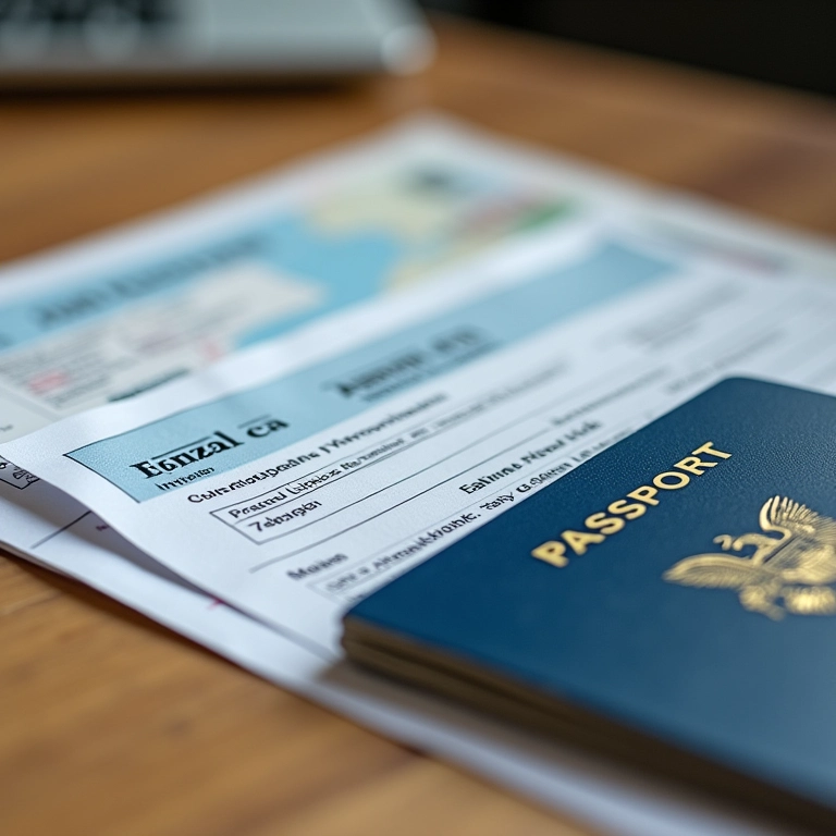 Passaporte brasileiro e formulários de visto sobre mesa de madeira.