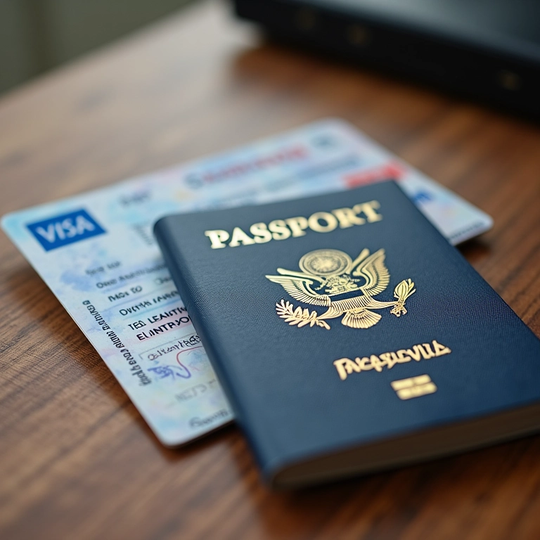 Passaporte, visto e carteira de vacinação organizados sobre mesa