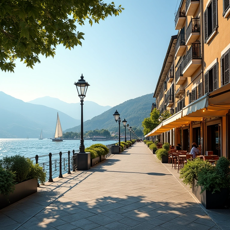 Passeio elegante à beira do Lago de Genebra com cafés.