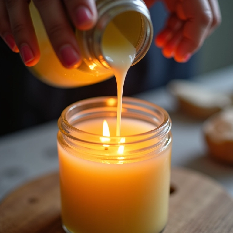 Passo a passo para criar velas: derramando cera derretida, centralizando o pavio e adicionando fragrância.