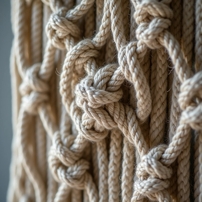 Peça de macramê com muitos tipos de nós diferentes, parecendo caótica.