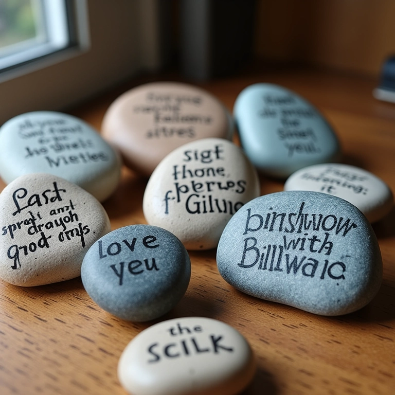 Pedras decoradas com frases inspiradoras em diferentes fontes.