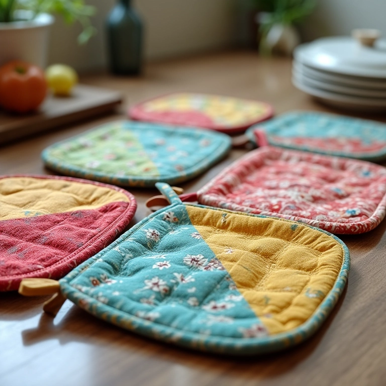 Pegadores de panela artesanais coloridos na bancada da cozinha.
