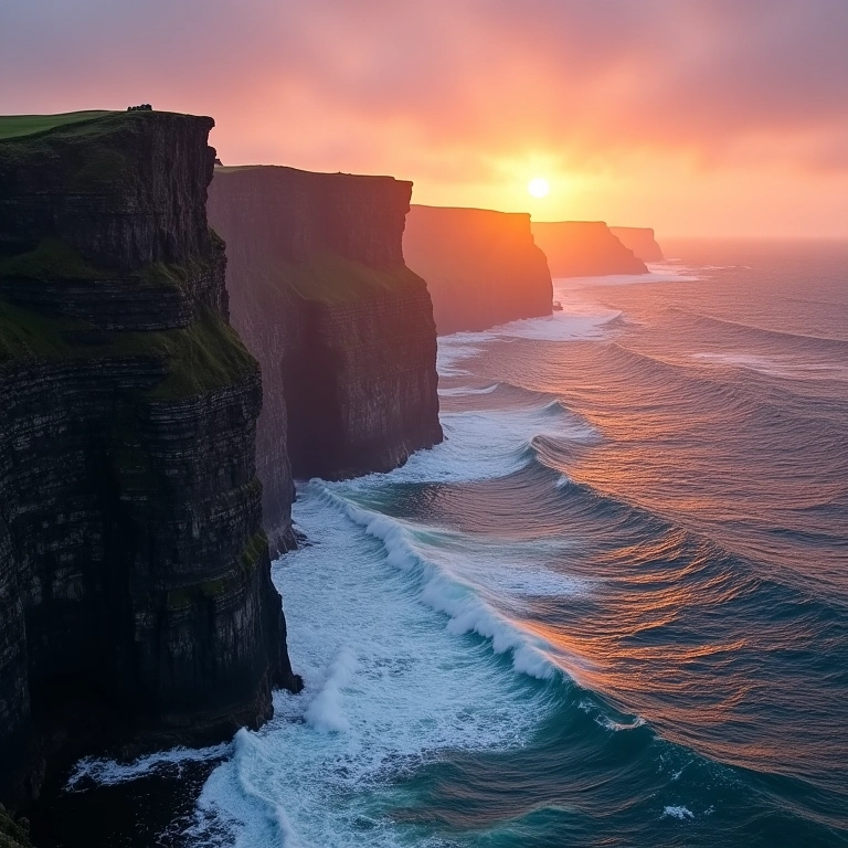 Penhascos de Moher ao pôr do sol, com ondas do Atlântico quebrando nas rochas, mostrando a paisagem irlandesa.