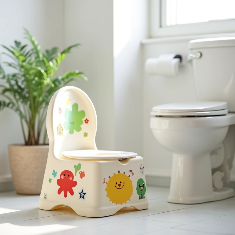 Penico infantil decorado ao lado do vaso sanitário.