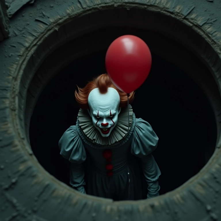 Pennywise espreitando em um bueiro brasileiro com um balão vermelho.