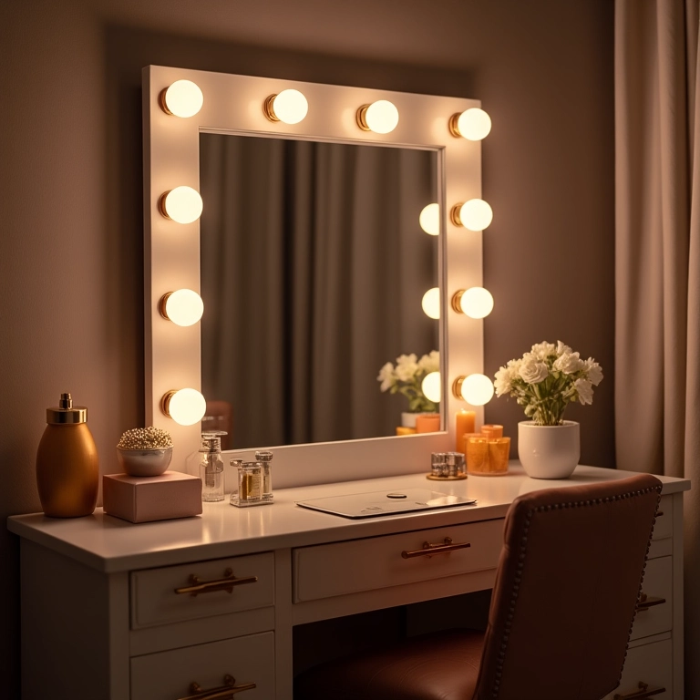 Penteadeira camarim com luzes estilo Hollywood em quarto moderno.