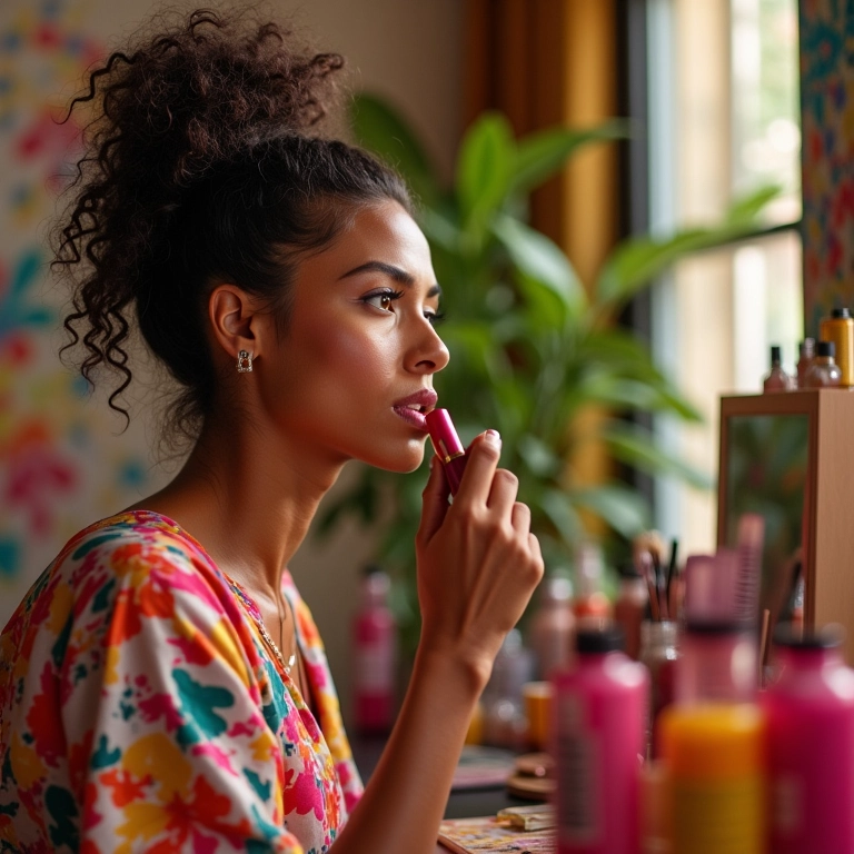 Penteadeira organizada com maquiagem e decoração vibrante, estilo brasileiro.