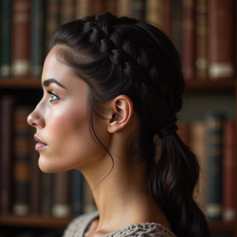 Penteado semi-preso com torcidinhos em morena na biblioteca.