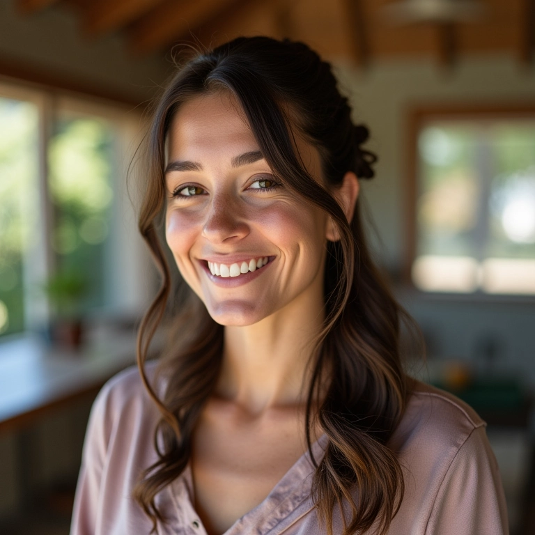 Penteado semipreso com torcidinho em cabelo castanho médio, estilo Farm Rio.